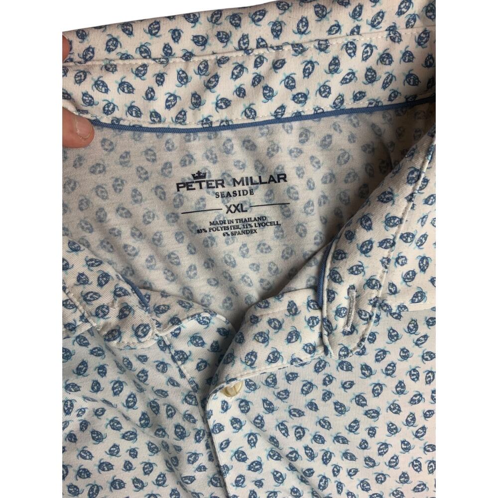 Peter Millar Seaside Polo Shirt  XXL Blue White Turtle Print Performance Golf